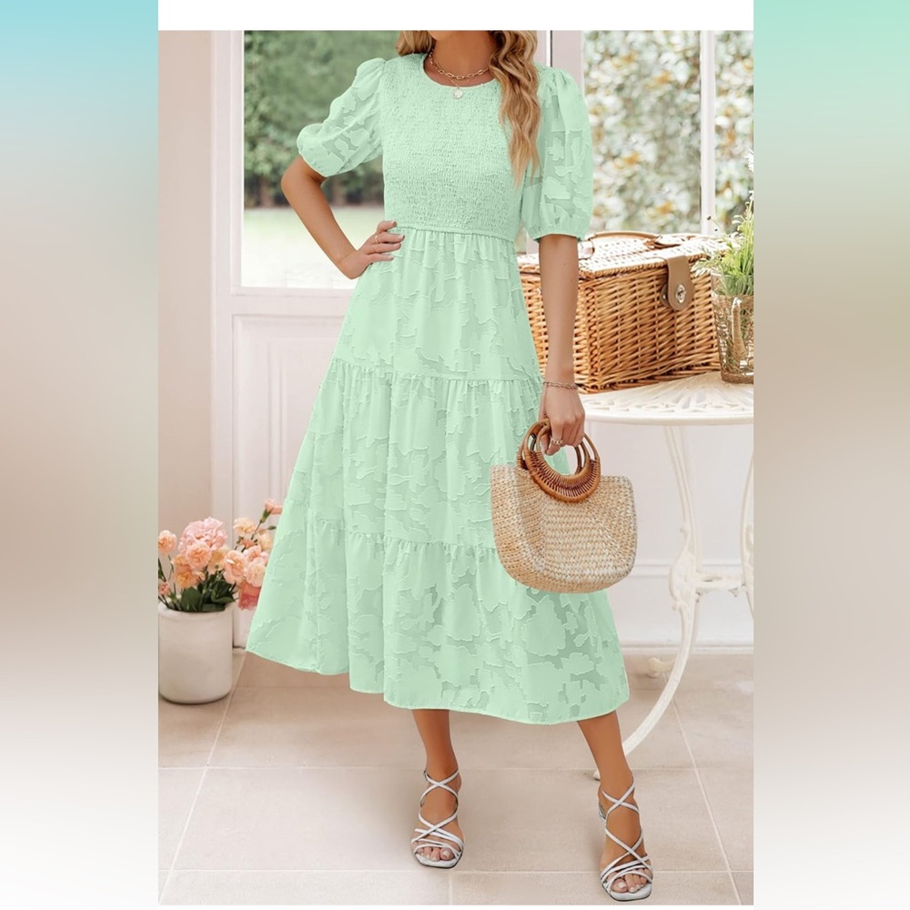 Short Puff Sleeve Crewneck Smocked Floral Lace Flowy A Line Tiered Maxi Dresses